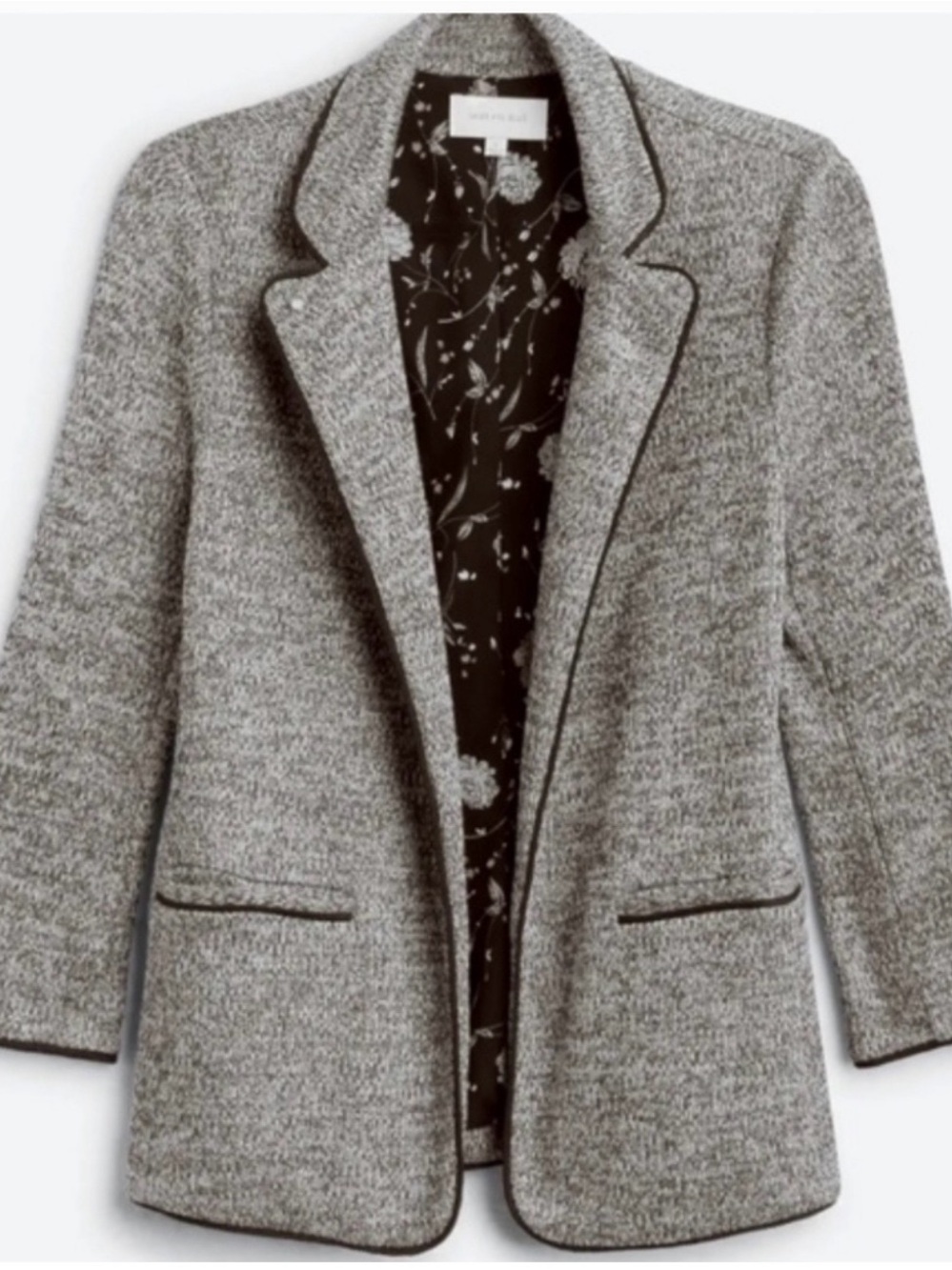 Gray Tweed-Look Open Blazer with Piped Trim Skies Are Blue